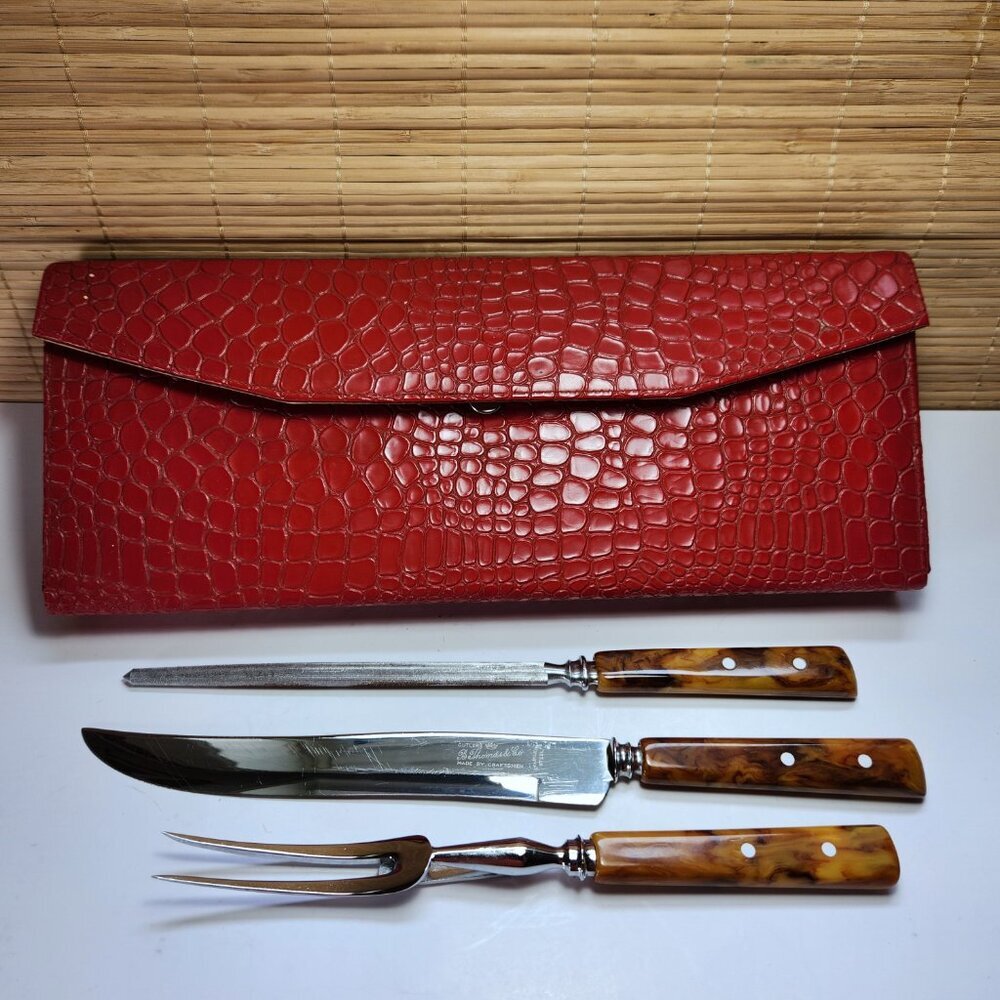 B Thomas Co England Vintage Carving Set Butterscotch Bakelite Handles Red Case